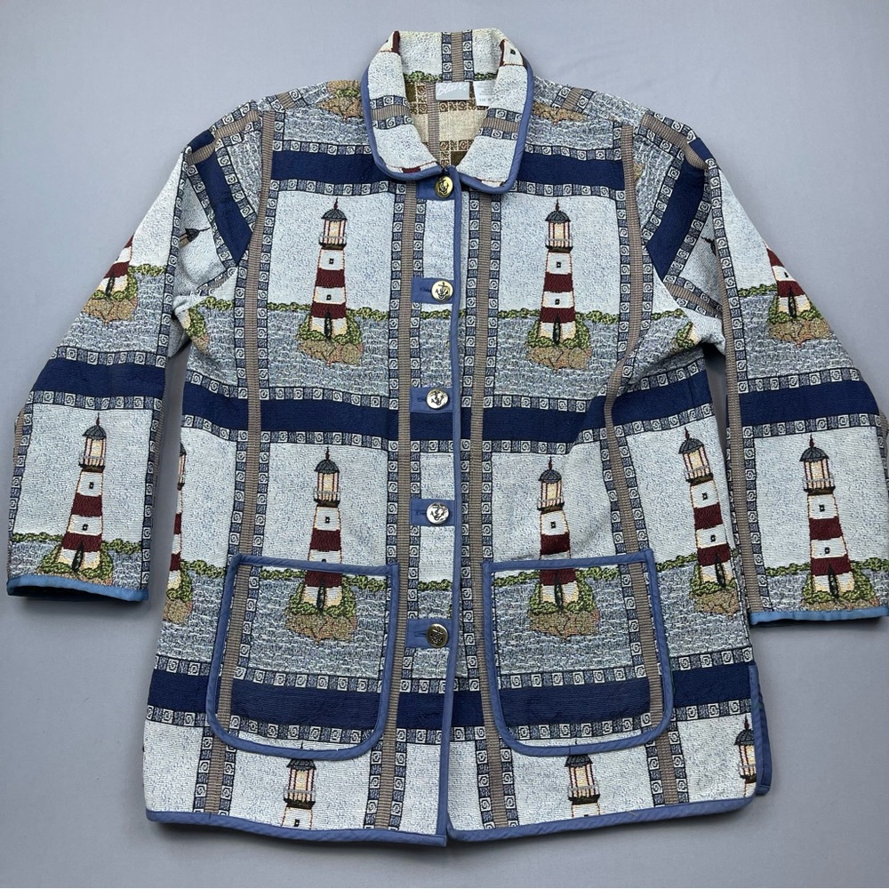 Vintage Blair Tapestry Jacket Womens L Lighthouse Coastal Woven Coat Nautical